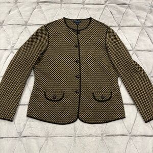 Lands End 100% Wool Jacket Cardigan Size 16 Check Brown Tan Button Front Classic